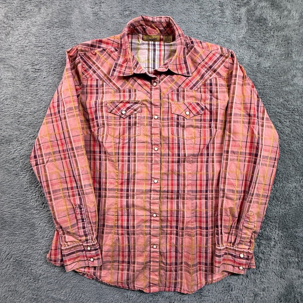 Wrangler Women's M Western Pearl Snap Shirt Pink Plaid Long Sleeve Cowgirl